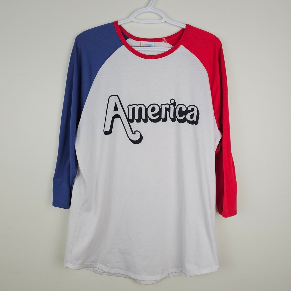 LuLaRoe Baseball Tee Womens 2XL White Red Blue America Randy Raglan 3/4 Sleeve